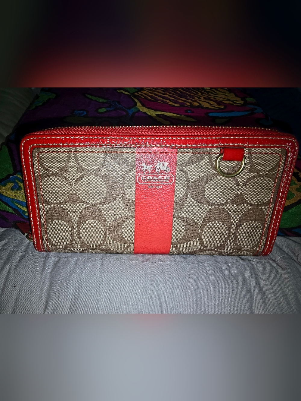 Coach Canvas Zip-Around Wallet with Red Trim EUC